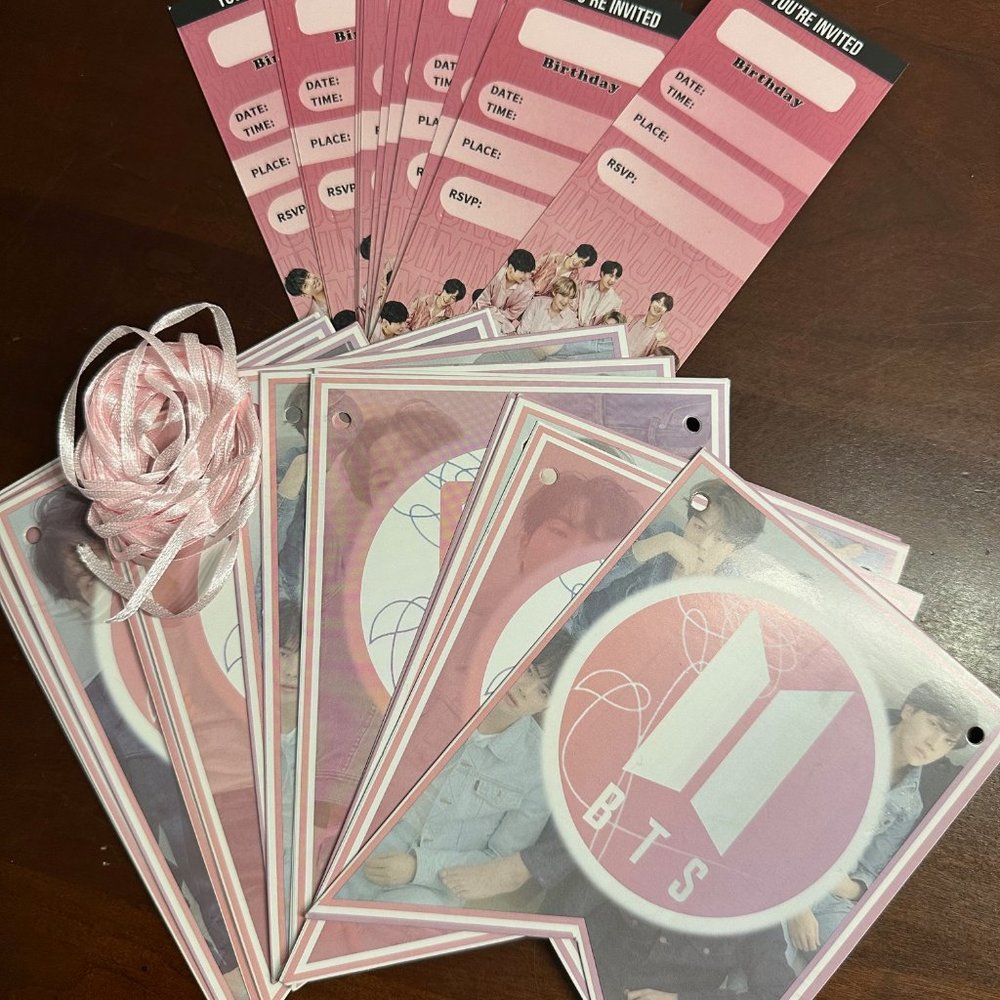 BTS Bangtan Sonyeondan Happy Birthday banner and set of 15 birthday invitations